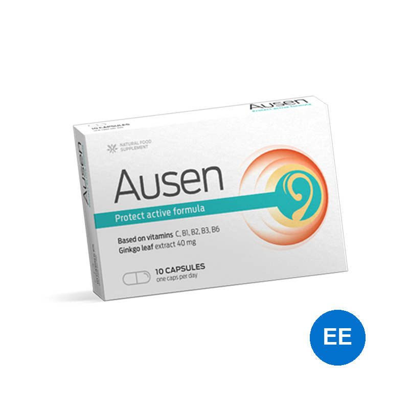Ausen — valge 10 kapsliga karp kirjaga „Protect active formula”, vitamiinid C, B1, B2, B3, B6 ja ginkgo 40 mg