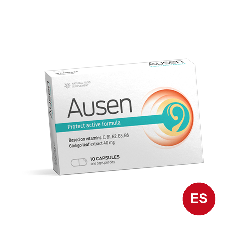 Ausen — caja blanca de 10 cápsulas con el texto „Protect active formula”, vitaminas C, B1, B2, B3, B6 y ginkgo 40 mg
