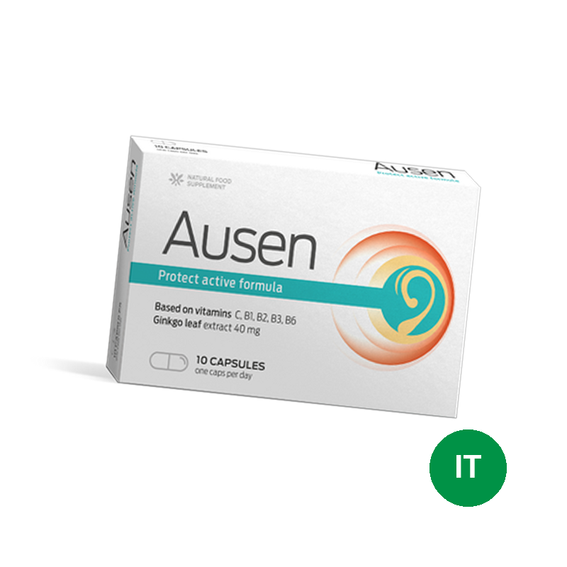 Ausen — scatola bianca da 10 capsule con la scritta „Protect active formula”, vitamine C, B1, B2, B3, B6 e ginkgo 40 mg