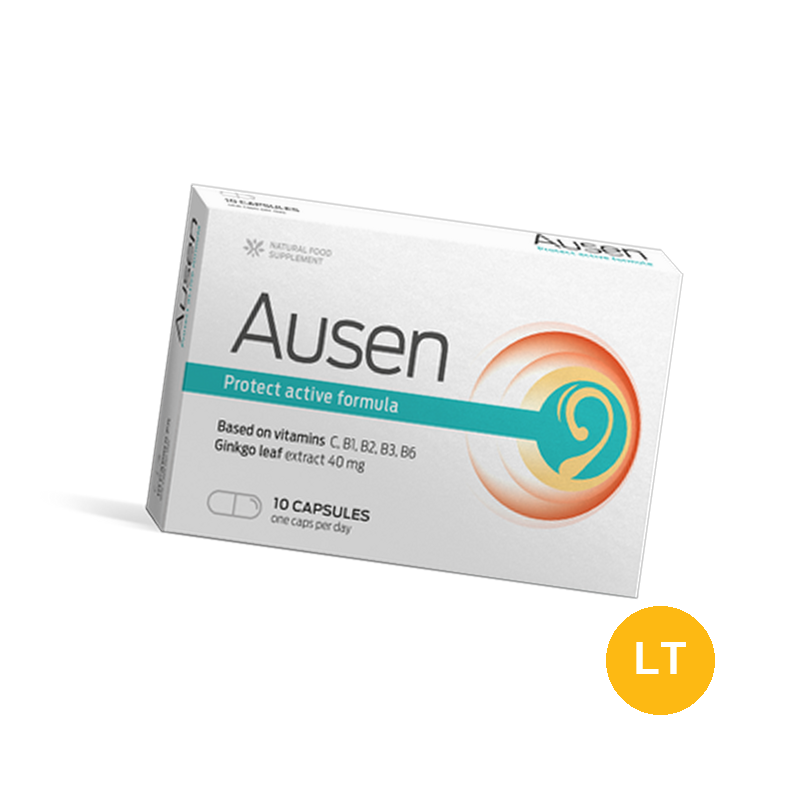 Ausen — balta 10 kapsulių dėžutė su užrašu „Protect active formula“, vitaminai C, B1, B2, B3, B6 ir ginkmedis 40 mg