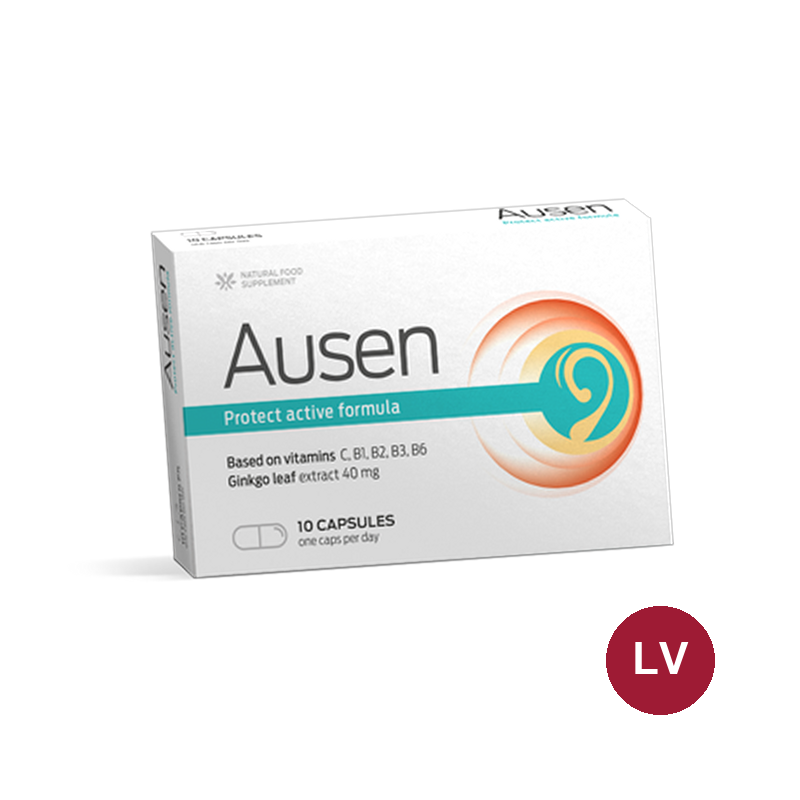 Ausen — balta 10 kapsulu kastīte ar uzrakstu „Protect active formula“, vitamīni C, B1, B2, B3, B6 un ginks 40 mg