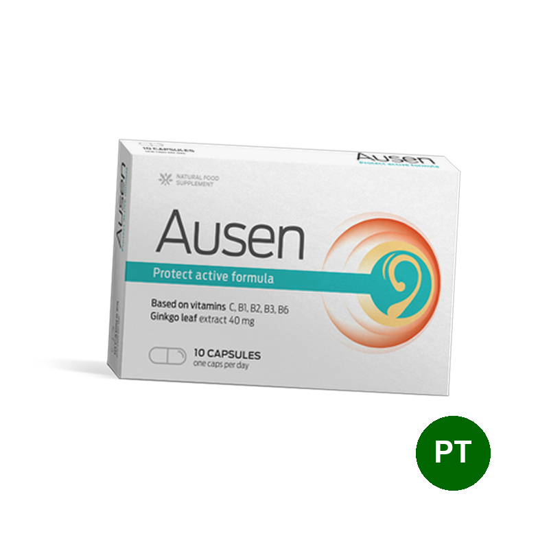 Ausen — caixa branca de 10 cápsulas com a inscrição „Protect active formula”, vitaminas C, B1, B2, B3, B6 e ginkgo 40 mg